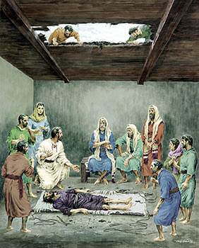 They climbed up on the house, made a hole in the roof, and lowered the sick man down where Jesus was. (Copyright &copy; New Tribes Mission; used by permission)